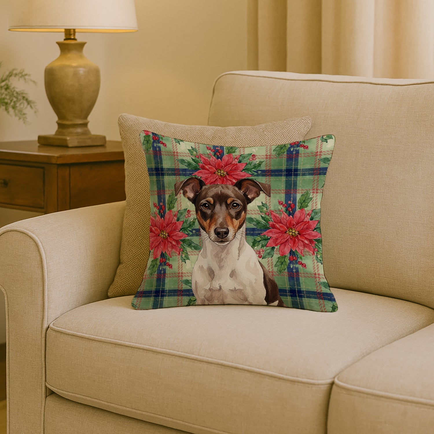 Chocolate and White Rat Terrier Christmas PoinsettIas Decorative Throw Pillow 18x18 Indoor Outdoor Accent Cushion, Fabric Cover with Insert for Sofa, Bed, Porch & Living Room