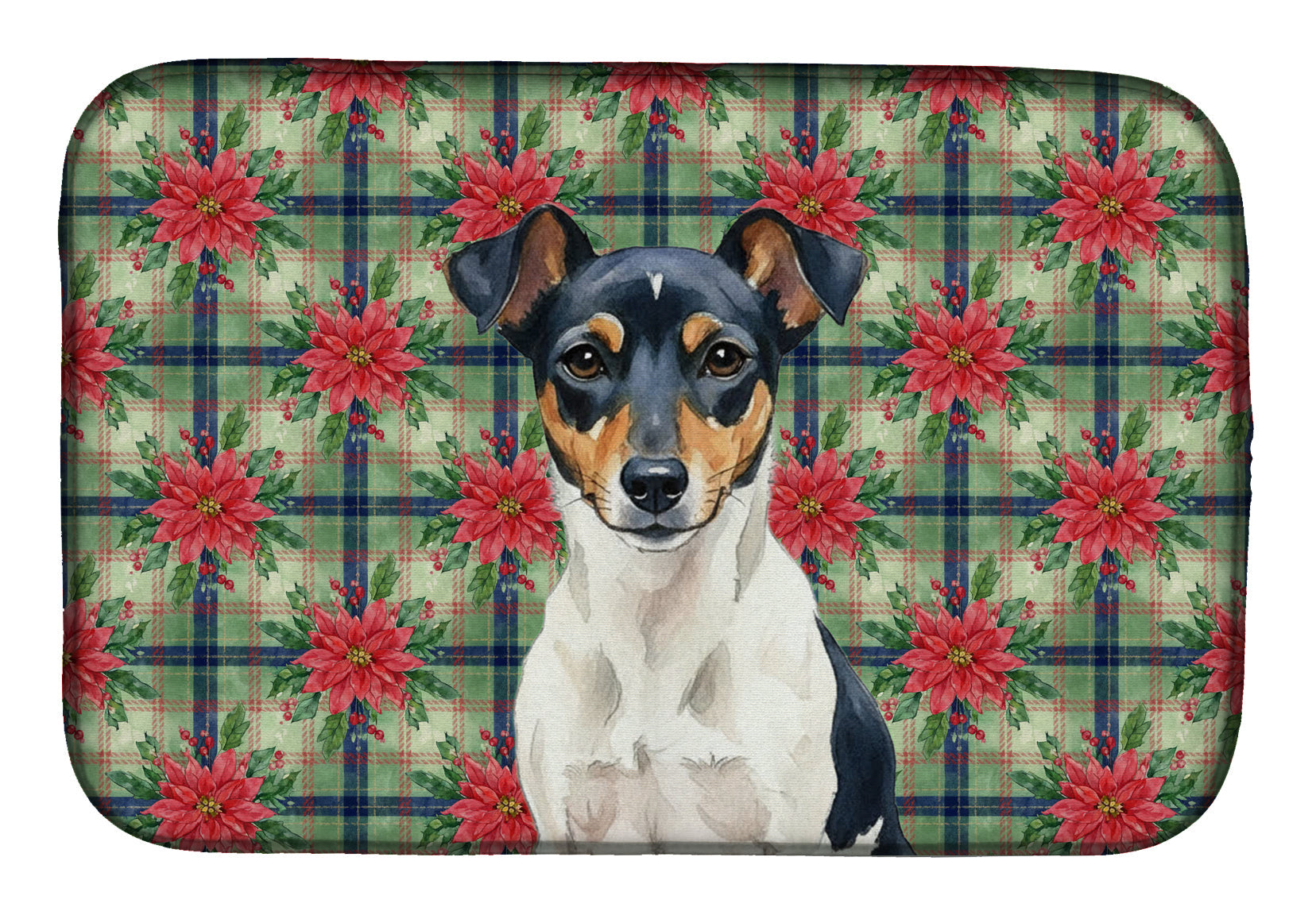 Tricolor Rat Terrier Christmas PoinsettIas Dish Drying Mat Absorbent Dish Drying Mat Pad for Kitchen Counter Dish Drainer Mat for Countertop, 14 x 21", Multicolor