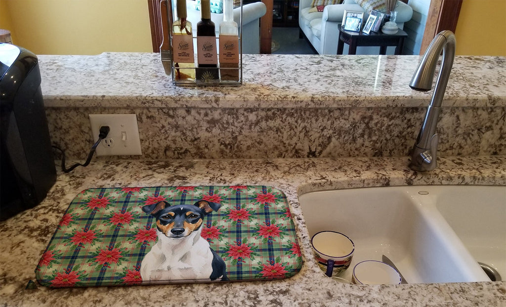 Tricolor Rat Terrier Christmas PoinsettIas Dish Drying Mat Absorbent Dish Drying Mat Pad for Kitchen Counter Dish Drainer Mat for Countertop, 14 x 21", Multicolor
