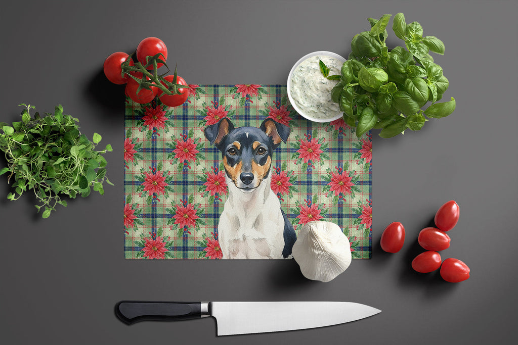 Tricolor Rat Terrier Christmas PoinsettIas Cutting Board Tempered Glass Kitchen Cutting Surface, Heat Resistant Chopping, Non-Slip Feet, Food Prep & Serving