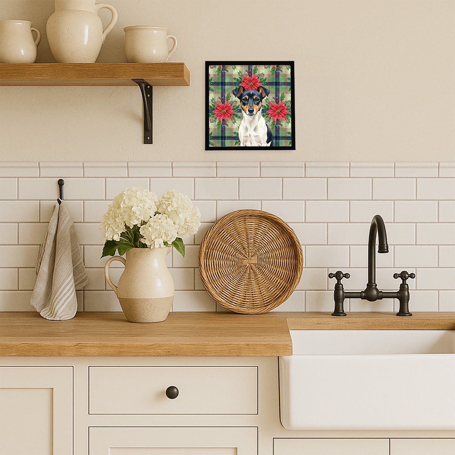 Tricolor Rat Terrier Christmas PoinsettIas Framed Metal Print Bathroom, Kitchen, Office, Home Decor Wall Art Ready to Hang, Square, 8X8