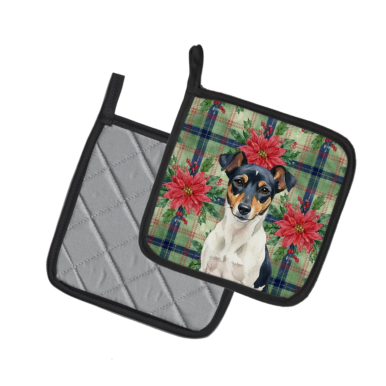 Tricolor Rat Terrier Christmas PoinsettIas Pot Holder Set of 2 Heat Resistant Quilted Hot Pads 7.5 x 7.5 Inch, Insulated Kitchen Trivets for Cooking & Baking