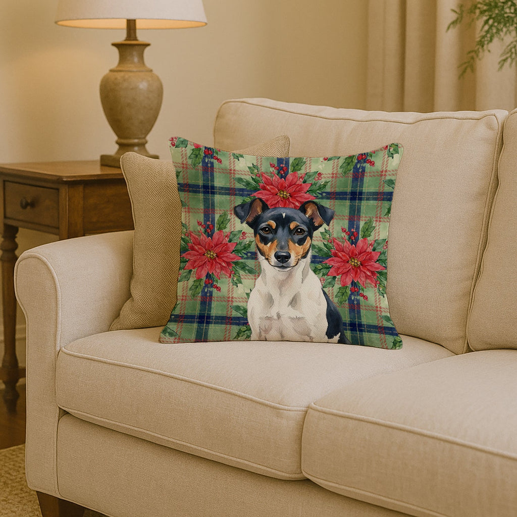 Tricolor Rat Terrier Christmas PoinsettIas Decorative Throw Pillow 14x14 Indoor Outdoor Accent Cushion, Fabric Cover with Insert for Sofa, Bed, Porch & Living Room