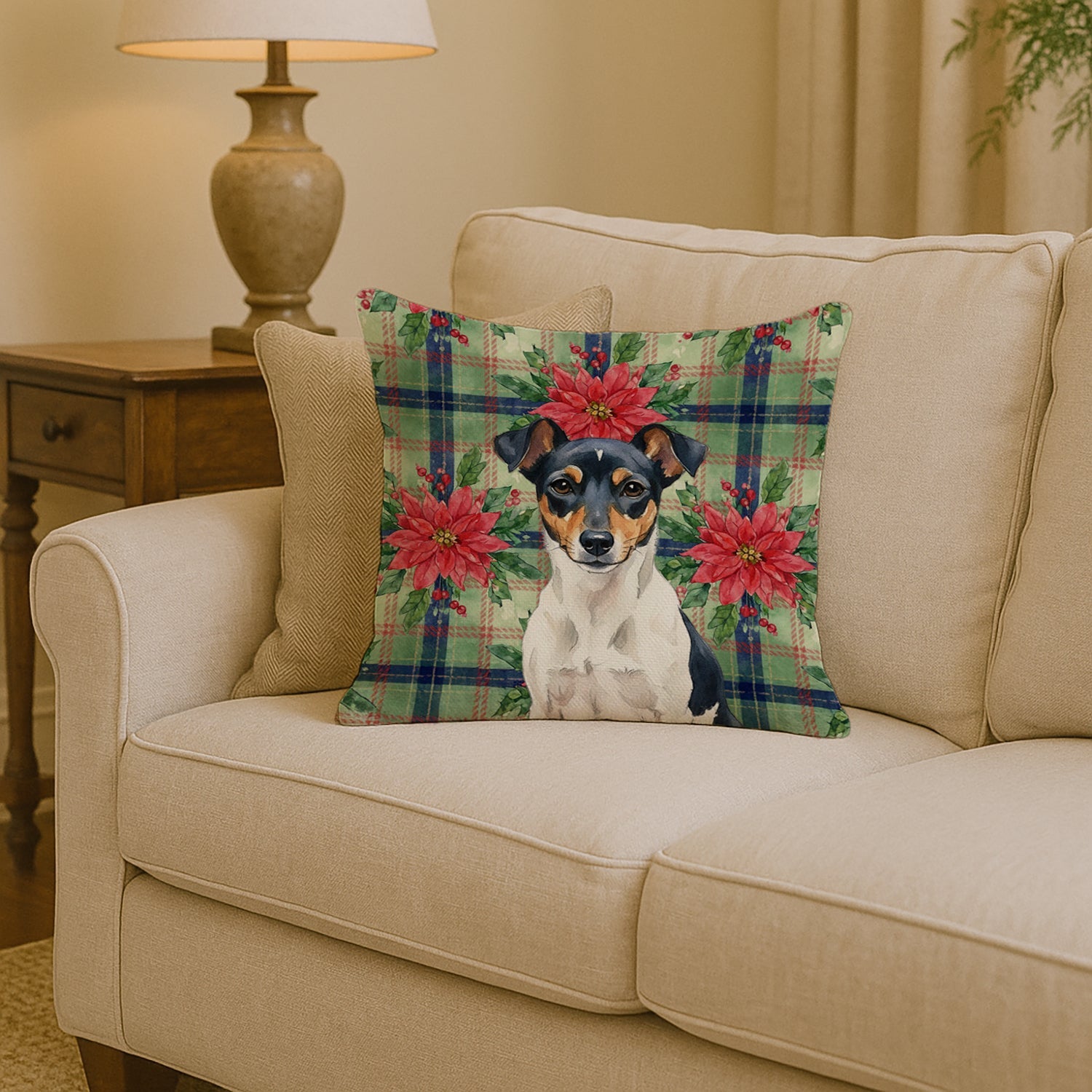 Tricolor Rat Terrier Christmas PoinsettIas Decorative Throw Pillow 14x14 Indoor Outdoor Accent Cushion, Fabric Cover with Insert for Sofa, Bed, Porch & Living Room