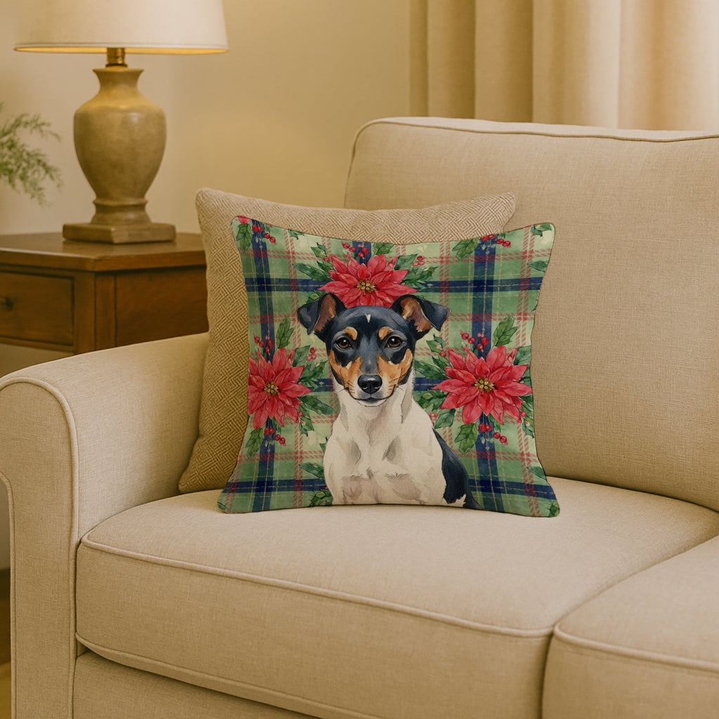 Tricolor Rat Terrier Christmas PoinsettIas Decorative Throw Pillow 18x18 Indoor Outdoor Accent Cushion, Fabric Cover with Insert for Sofa, Bed, Porch & Living Room