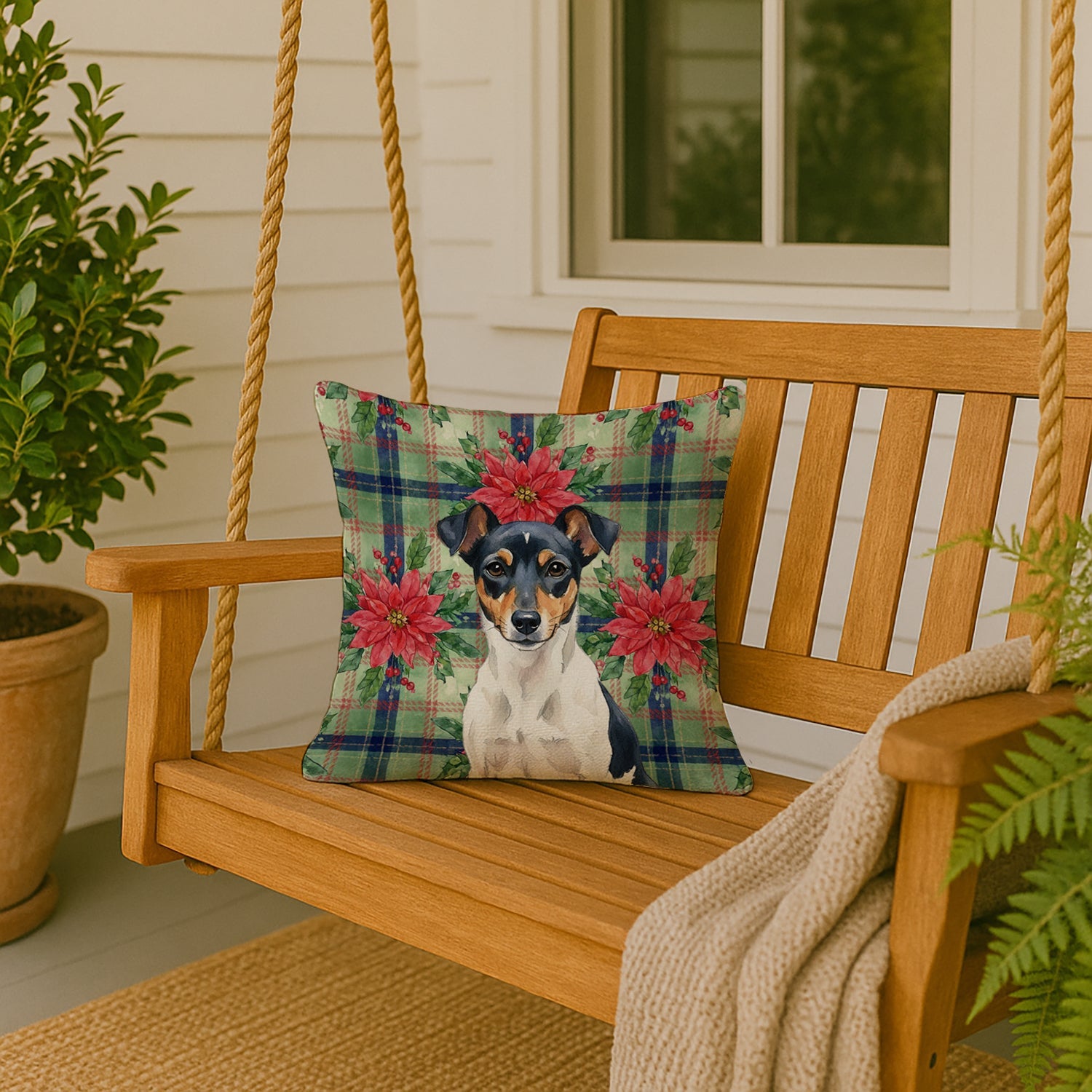 Tricolor Rat Terrier Christmas PoinsettIas Decorative Throw Pillow 18x18 Indoor Outdoor Accent Cushion, Fabric Cover with Insert for Sofa, Bed, Porch & Living Room
