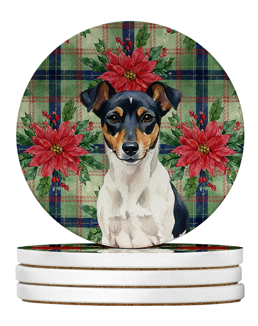 Tricolor Rat Terrier Christmas PoinsettIas Large Sandstone Coasters Pack of 4 Absorbent Round Coasters Decor Gifts for Men or Women, 4 in, Multicolor