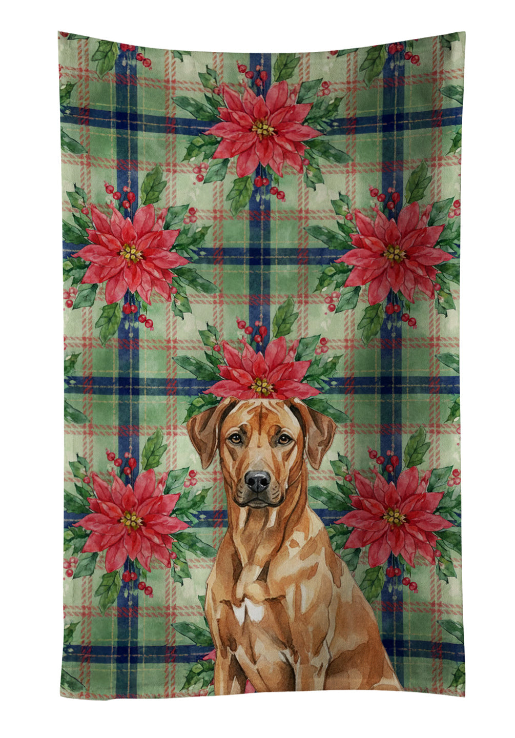 Rhodesian Ridgeback Christmas PoinsettIas Kitchen Towel Velour Plush Front and Cotton Loop Back Machine Washable