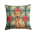 Rhodesian Ridgeback Christmas PoinsettIas Decorative Throw Pillow 14x14 Indoor Outdoor Accent Cushion, Fabric Cover with Insert for Sofa, Bed, Porch & Living Room