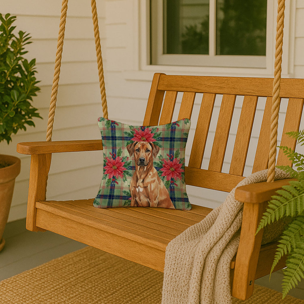 Rhodesian Ridgeback Christmas PoinsettIas Decorative Throw Pillow 14x14 Indoor Outdoor Accent Cushion, Fabric Cover with Insert for Sofa, Bed, Porch & Living Room