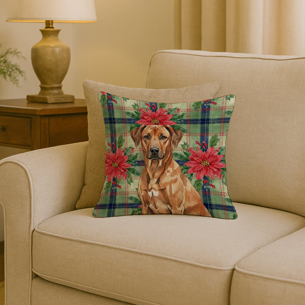 Rhodesian Ridgeback Christmas PoinsettIas Decorative Throw Pillow 18x18 Indoor Outdoor Accent Cushion, Fabric Cover with Insert for Sofa, Bed, Porch & Living Room