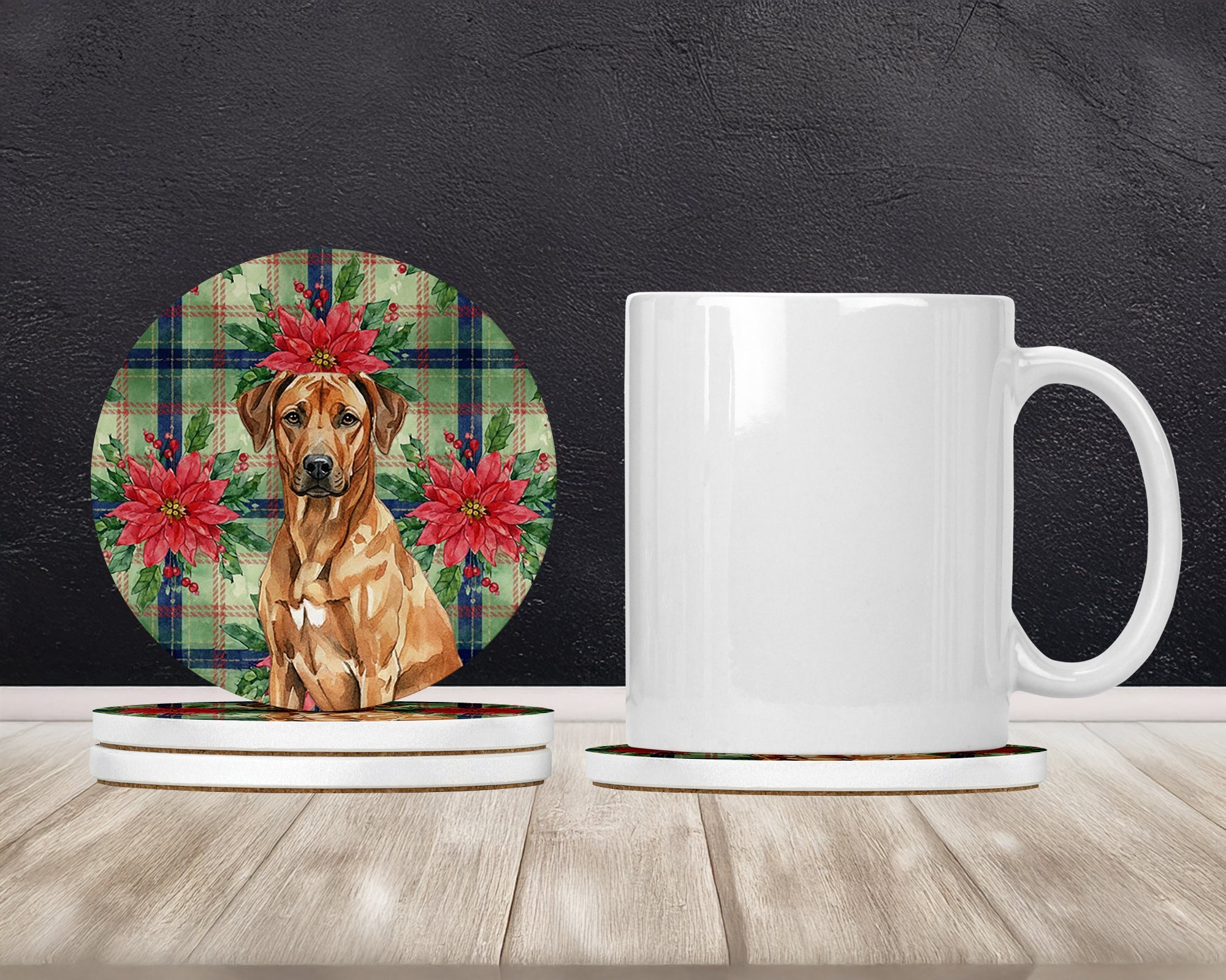 Rhodesian Ridgeback Christmas PoinsettIas Large Sandstone Coasters Pack of 4 Absorbent Round Coasters Decor Gifts for Men or Women, 4 in, Multicolor
