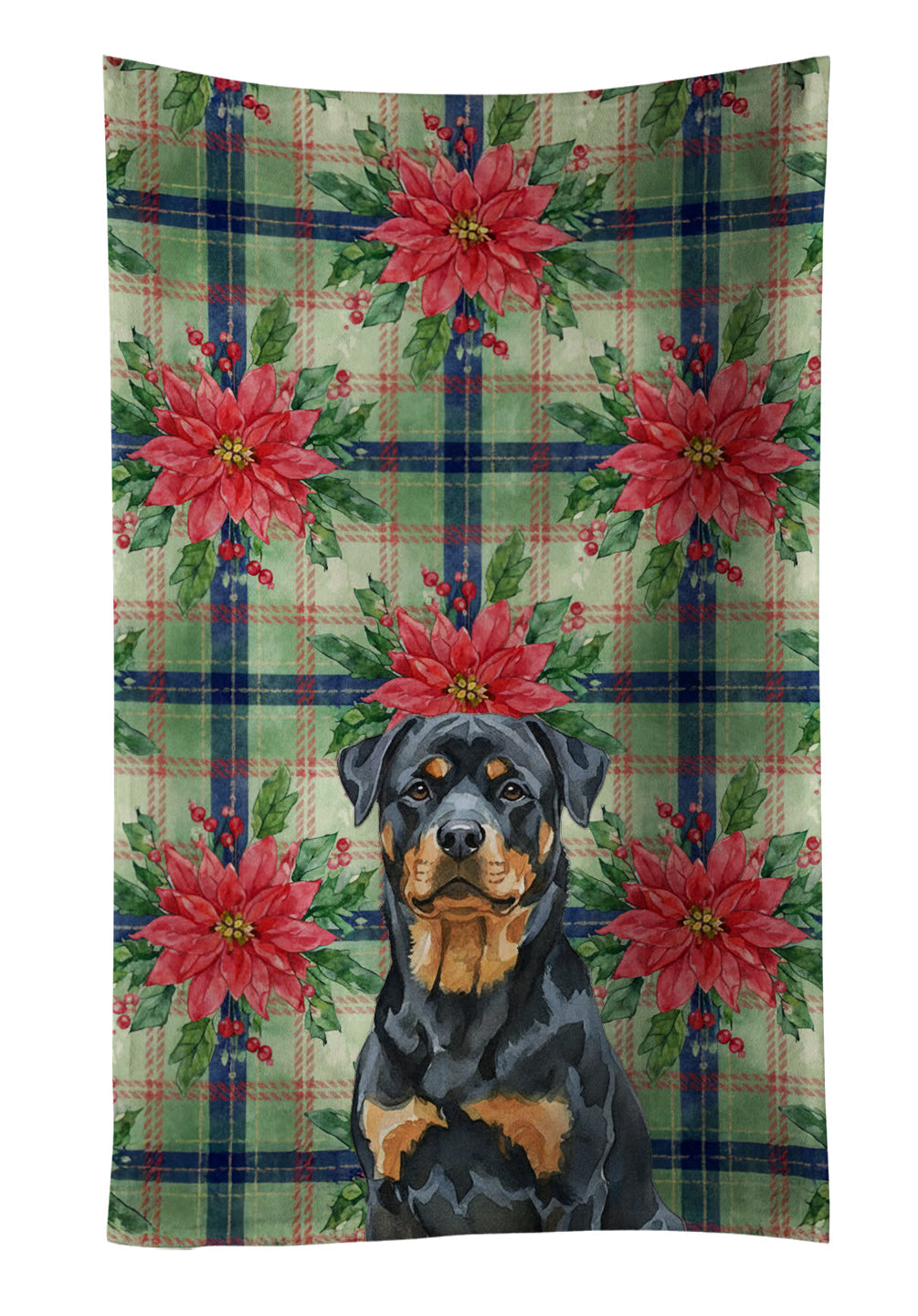 Rottweiler Christmas PoinsettIas Kitchen Towel Velour Plush Front and Cotton Loop Back Machine Washable
