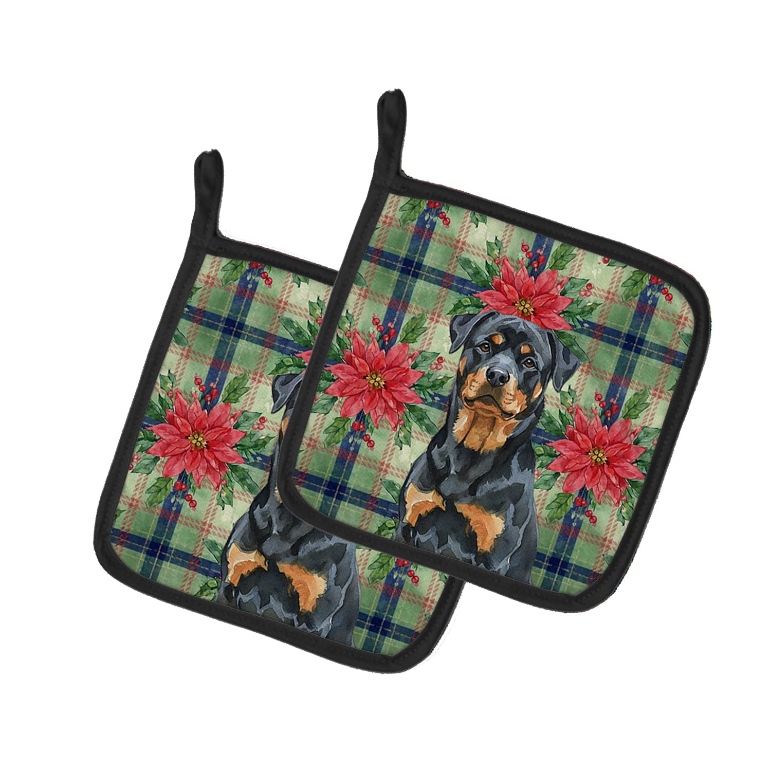 Rottweiler Christmas PoinsettIas Pot Holder Set of 2 Heat Resistant Quilted Hot Pads 7.5 x 7.5 Inch, Insulated Kitchen Trivets for Cooking & Baking