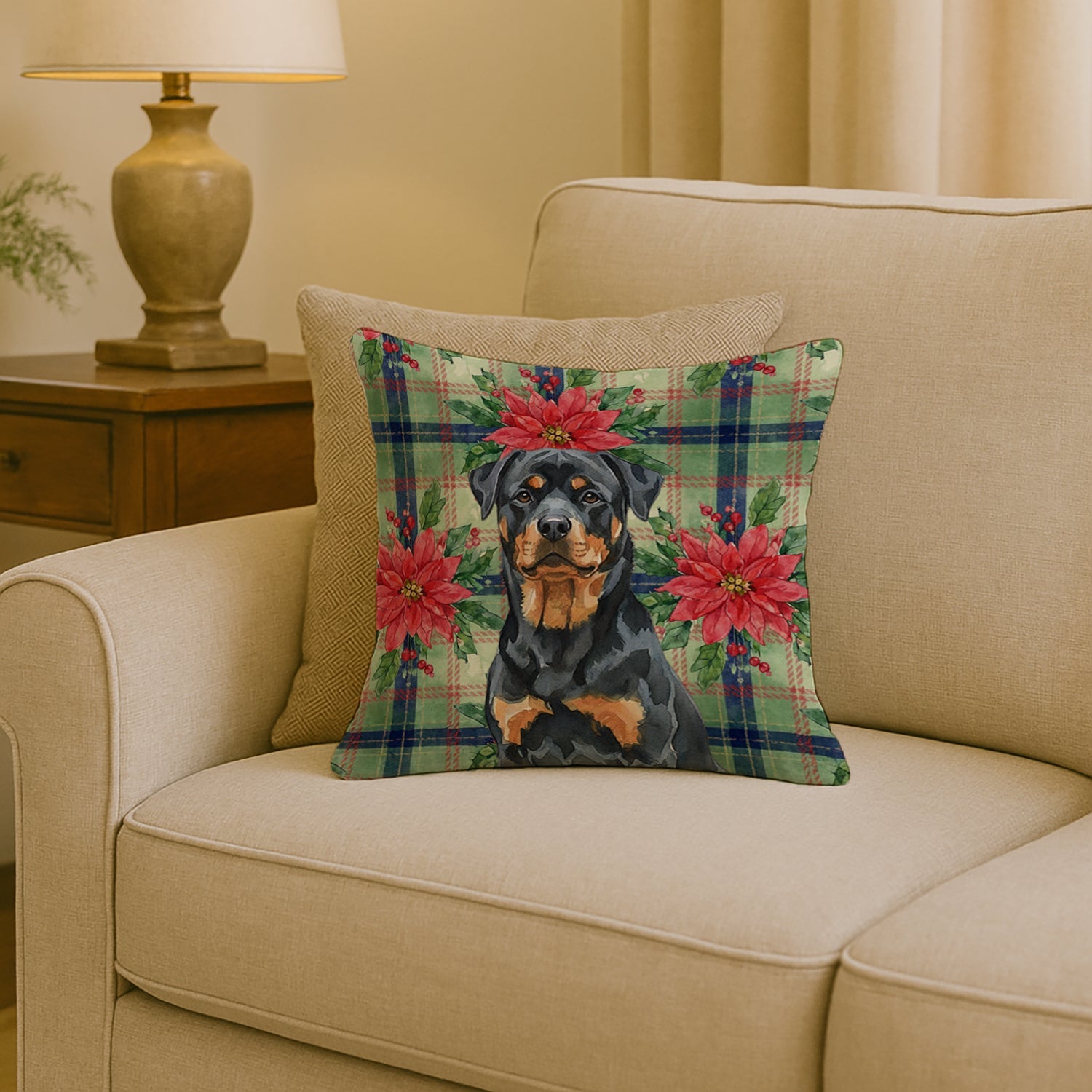 Rottweiler Christmas PoinsettIas Decorative Throw Pillow 18x18 Indoor Outdoor Accent Cushion, Fabric Cover with Insert for Sofa, Bed, Porch & Living Room