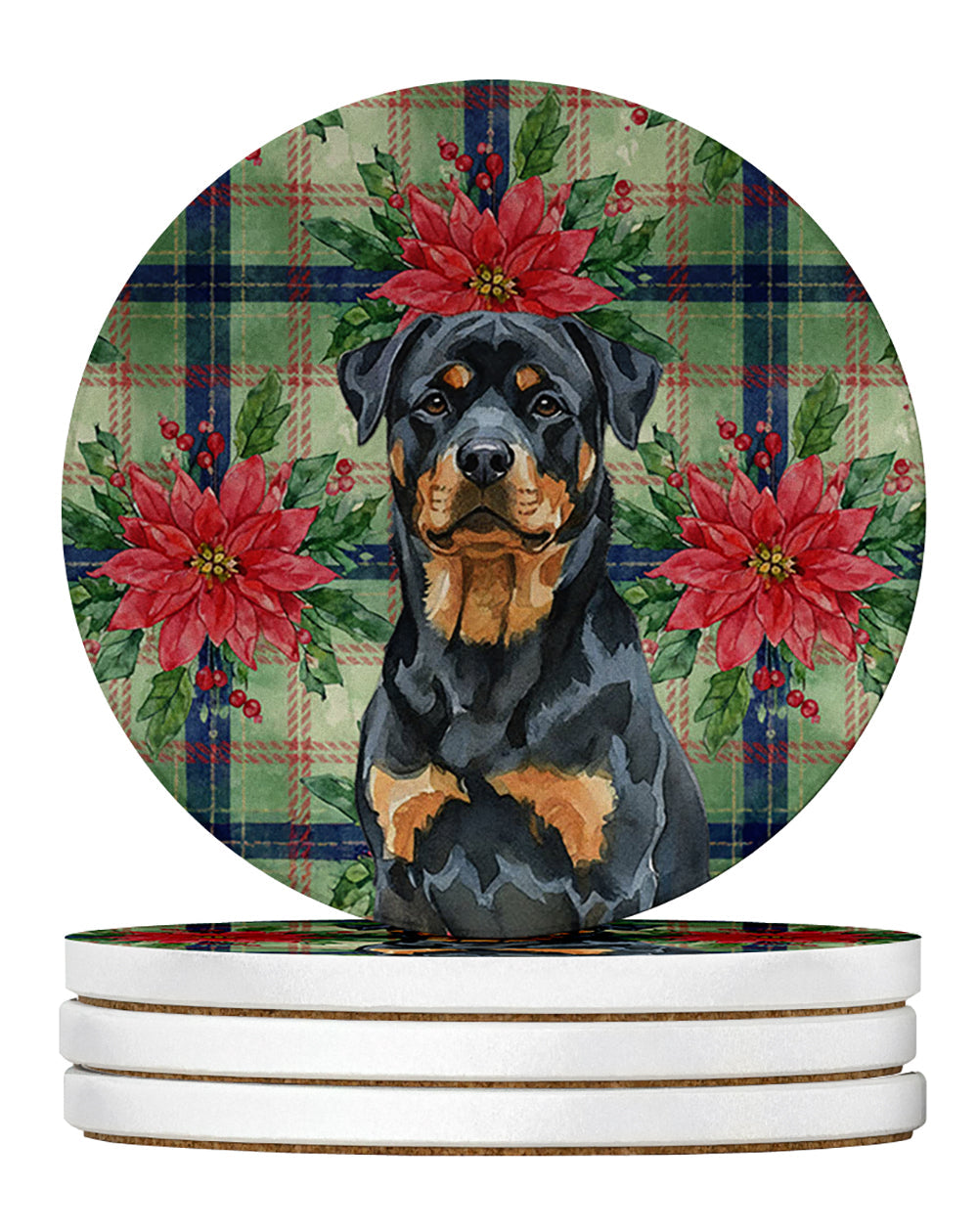 Rottweiler Christmas PoinsettIas Large Sandstone Coasters Pack of 4 Absorbent Round Coasters Decor Gifts for Men or Women, 4 in, Multicolor