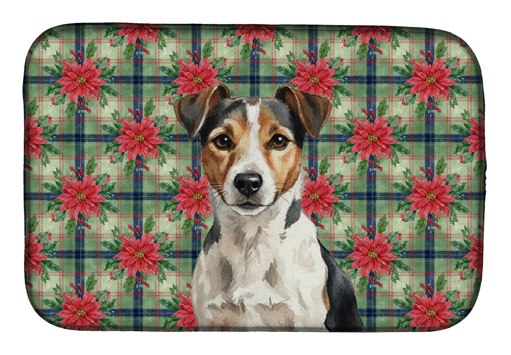 Tricolor Russell Terrier Christmas PoinsettIas Dish Drying Mat Absorbent Dish Drying Mat Pad for Kitchen Counter Dish Drainer Mat for Countertop, 14 x 21", Multicolor