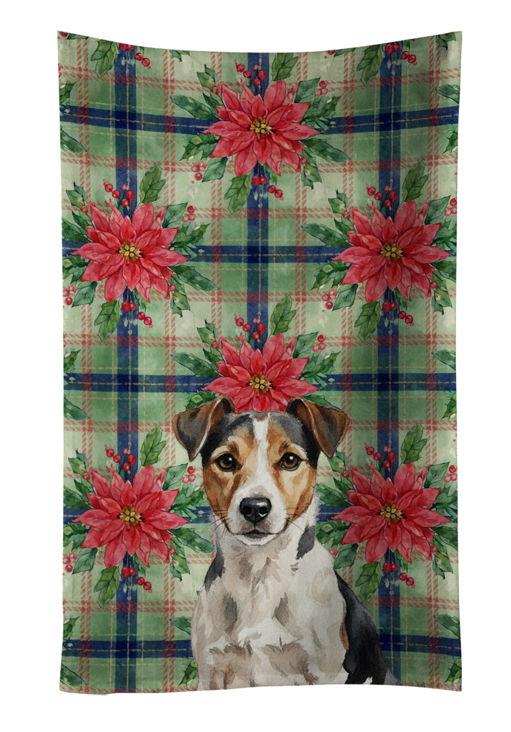 Tricolor Russell Terrier Christmas PoinsettIas Kitchen Towel Velour Plush Front and Cotton Loop Back Machine Washable