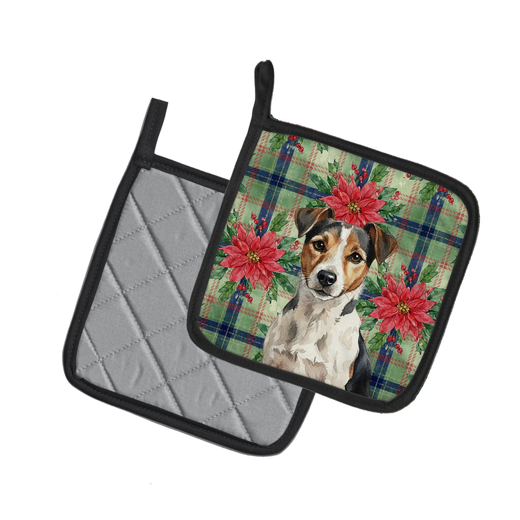 Tricolor Russell Terrier Christmas PoinsettIas Pot Holder Set of 2 Heat Resistant Quilted Hot Pads 7.5 x 7.5 Inch, Insulated Kitchen Trivets for Cooking & Baking