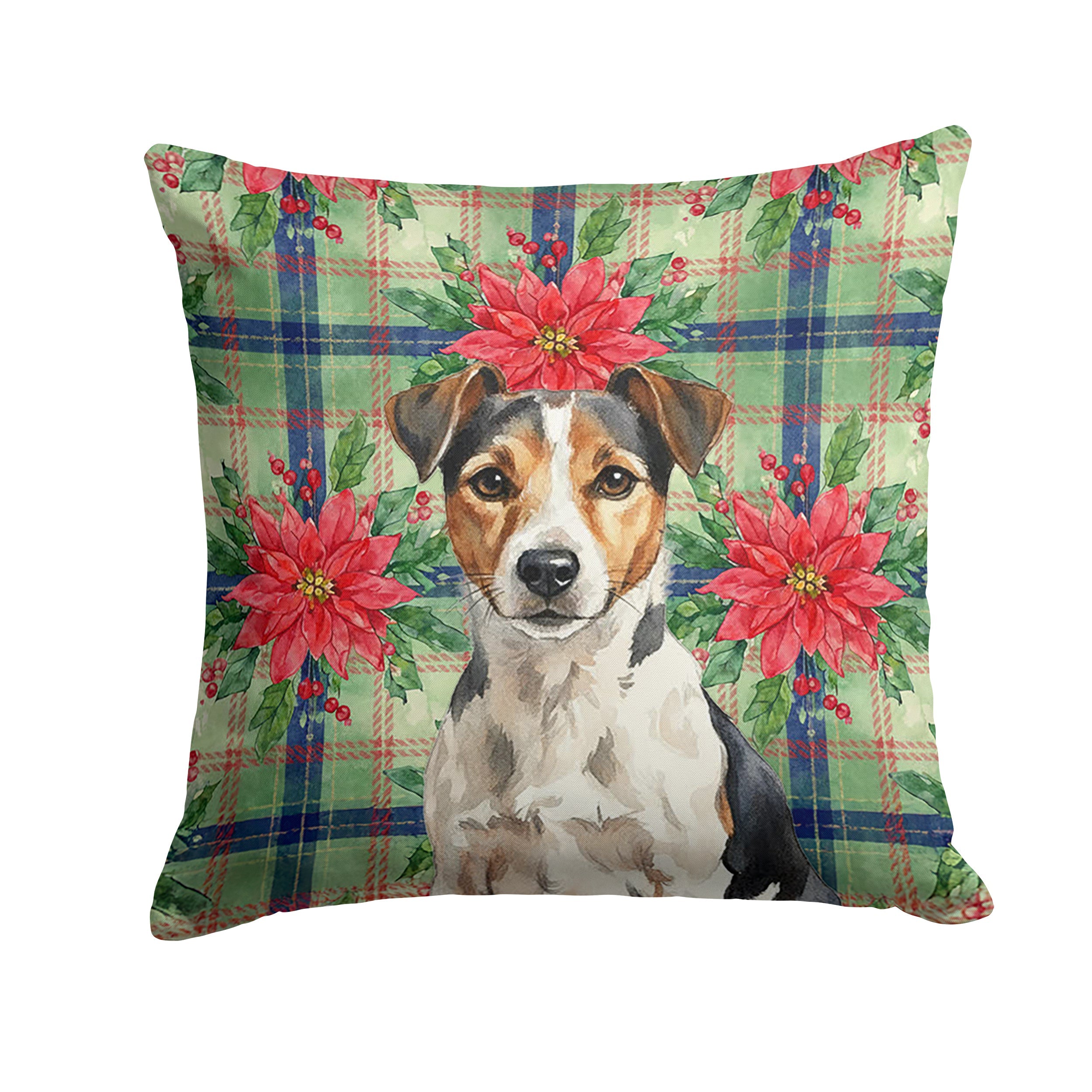 Tricolor Russell Terrier Christmas PoinsettIas Decorative Throw Pillow 18x18 Indoor Outdoor Accent Cushion, Fabric Cover with Insert for Sofa, Bed, Porch & Living Room