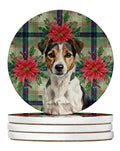 Tricolor Russell Terrier Christmas PoinsettIas Large Sandstone Coasters Pack of 4 Absorbent Round Coasters Decor Gifts for Men or Women, 4 in, Multicolor