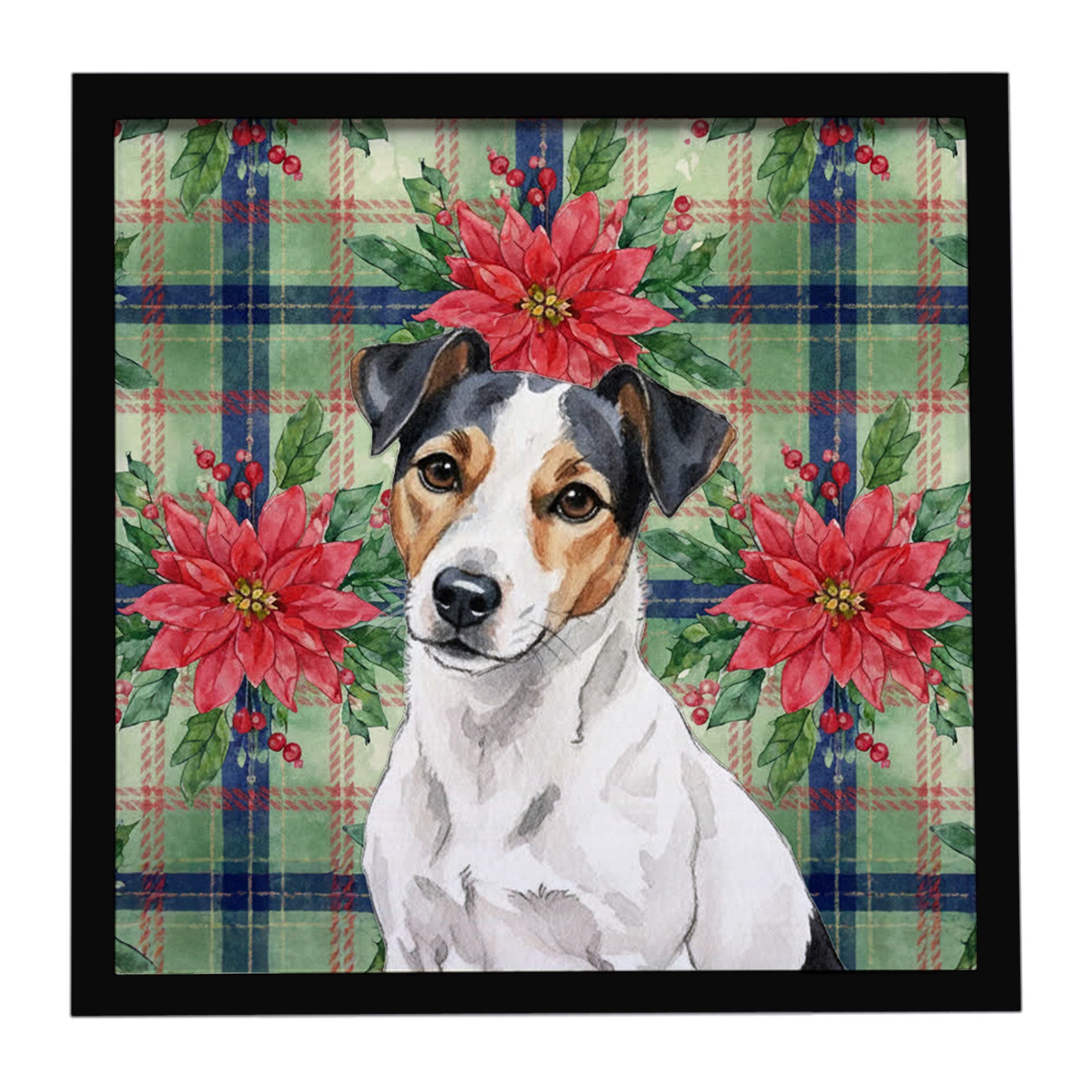 Christmas White with Black Markings Russell Terrier Christmas PoinsettIas 8x8
