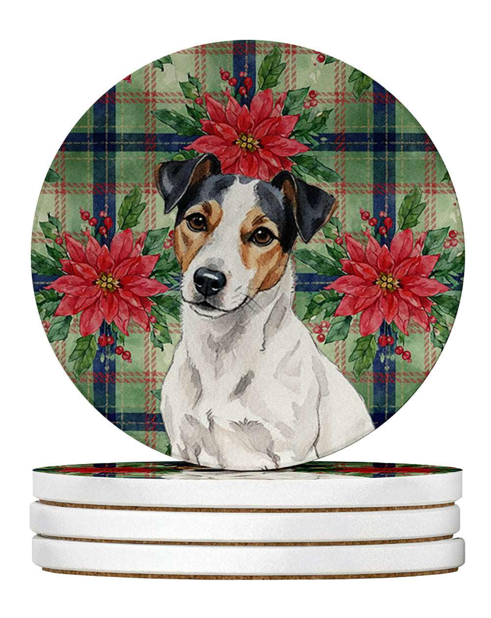 White with Black Markings Russell Terrier Christmas PoinsettIas Large Sandstone Coasters Pack of 4 Absorbent Round Coasters Decor Gifts for Men or Women, 4 in, Multicolor