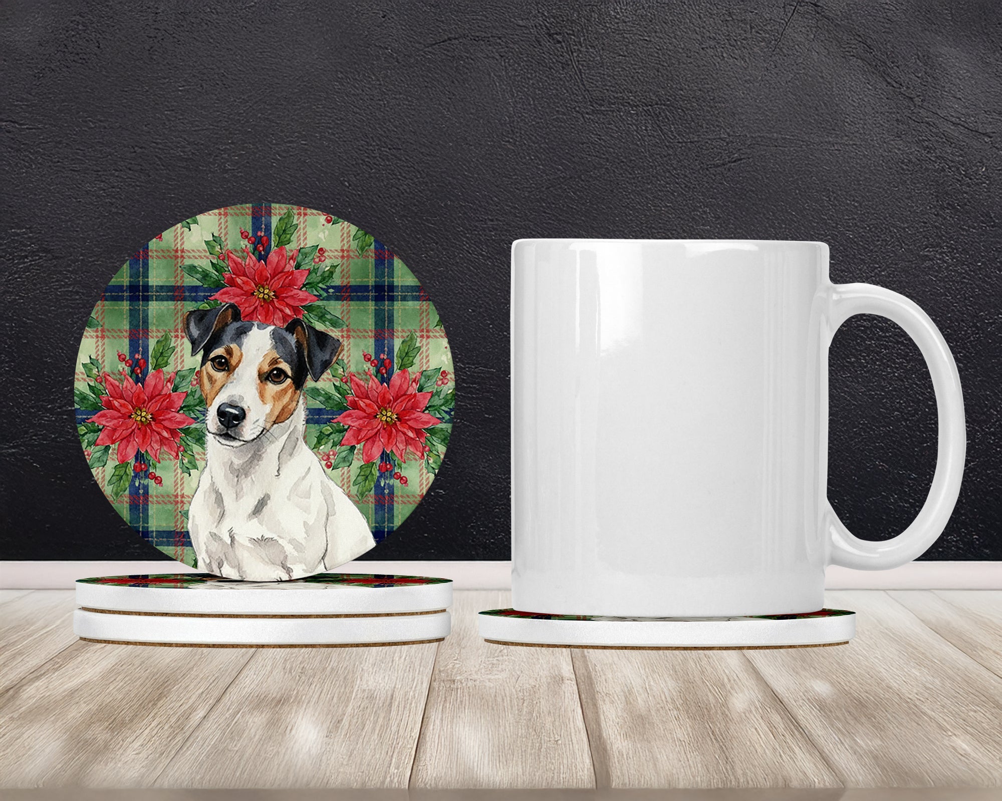 White with Black Markings Russell Terrier Christmas PoinsettIas Large Sandstone Coasters Pack of 4 Absorbent Round Coasters Decor Gifts for Men or Women, 4 in, Multicolor