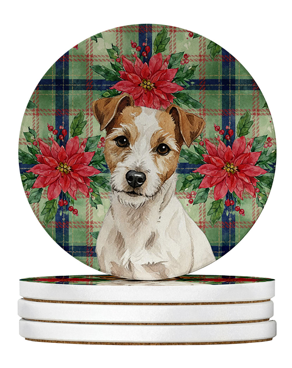 White with Tan Markings Russell Terrier Christmas PoinsettIas Large Sandstone Coasters Pack of 4 Absorbent Round Coasters Decor Gifts for Men or Women, 4 in, Multicolor