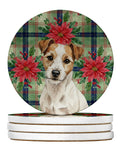 White with Tan Markings Russell Terrier Christmas PoinsettIas Large Sandstone Coasters Pack of 4 Absorbent Round Coasters Decor Gifts for Men or Women, 4 in, Multicolor
