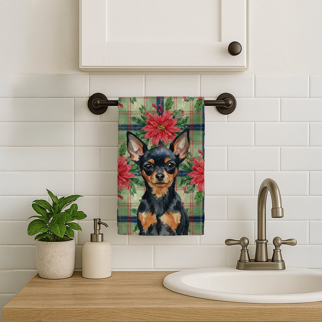 Black and Tan Russian Toy Christmas PoinsettIas Kitchen Towel Velour Plush Front and Cotton Loop Back Machine Washable