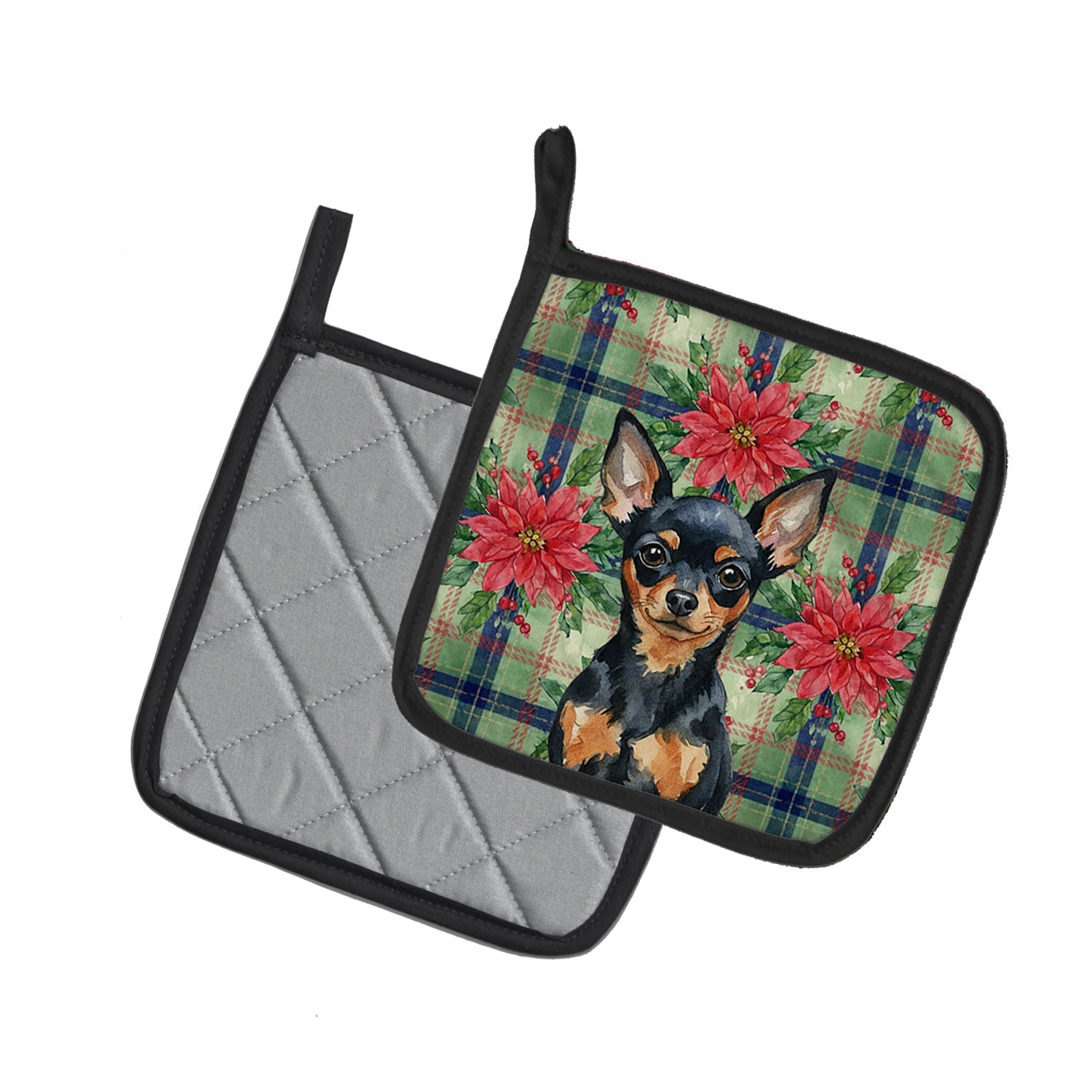 Black and Tan Russian Toy Christmas PoinsettIas Pot Holder Set of 2 Heat Resistant Quilted Hot Pads 7.5 x 7.5 Inch, Insulated Kitchen Trivets for Cooking & Baking