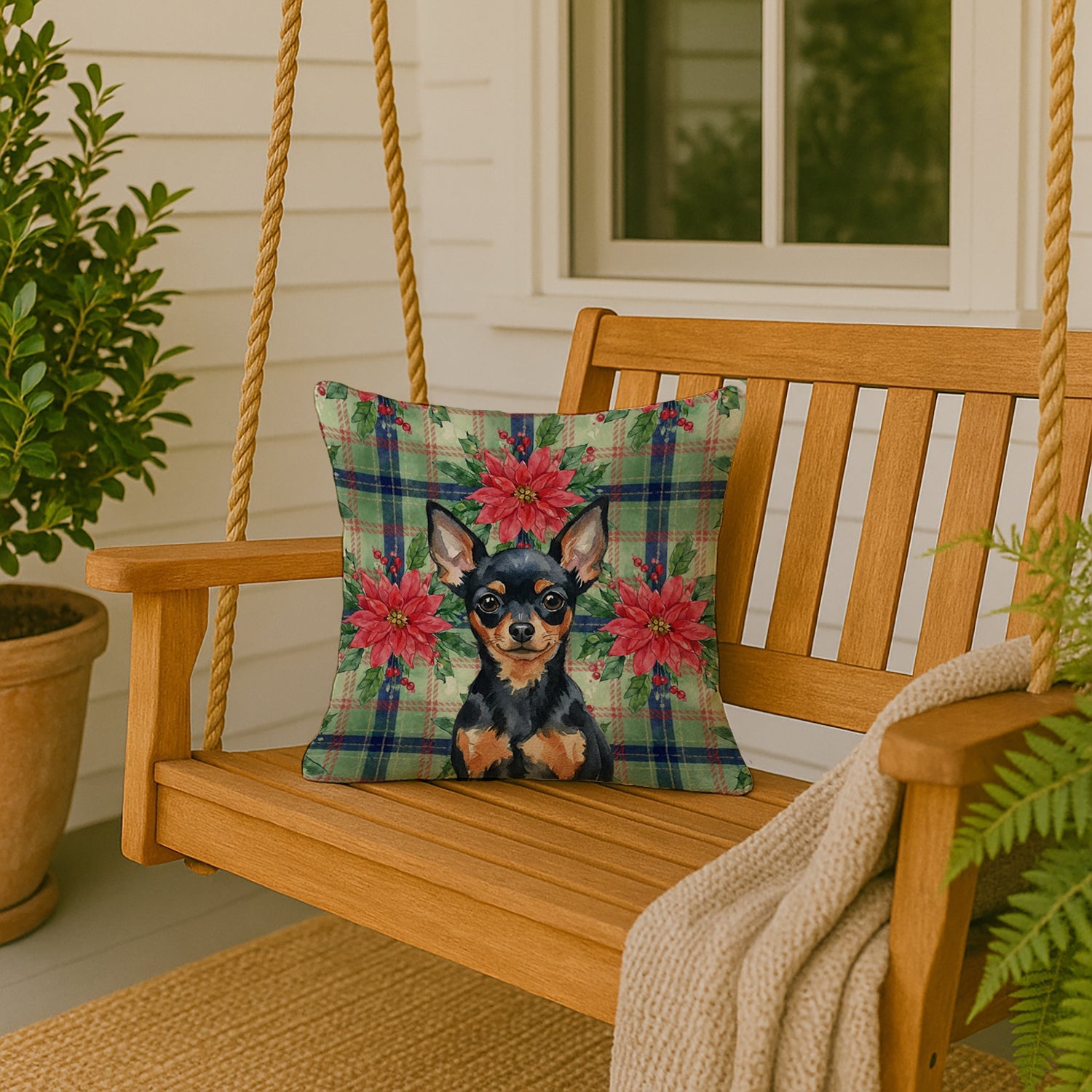 Black and Tan Russian Toy Christmas PoinsettIas Decorative Throw Pillow 18x18 Indoor Outdoor Accent Cushion, Fabric Cover with Insert for Sofa, Bed, Porch & Living Room