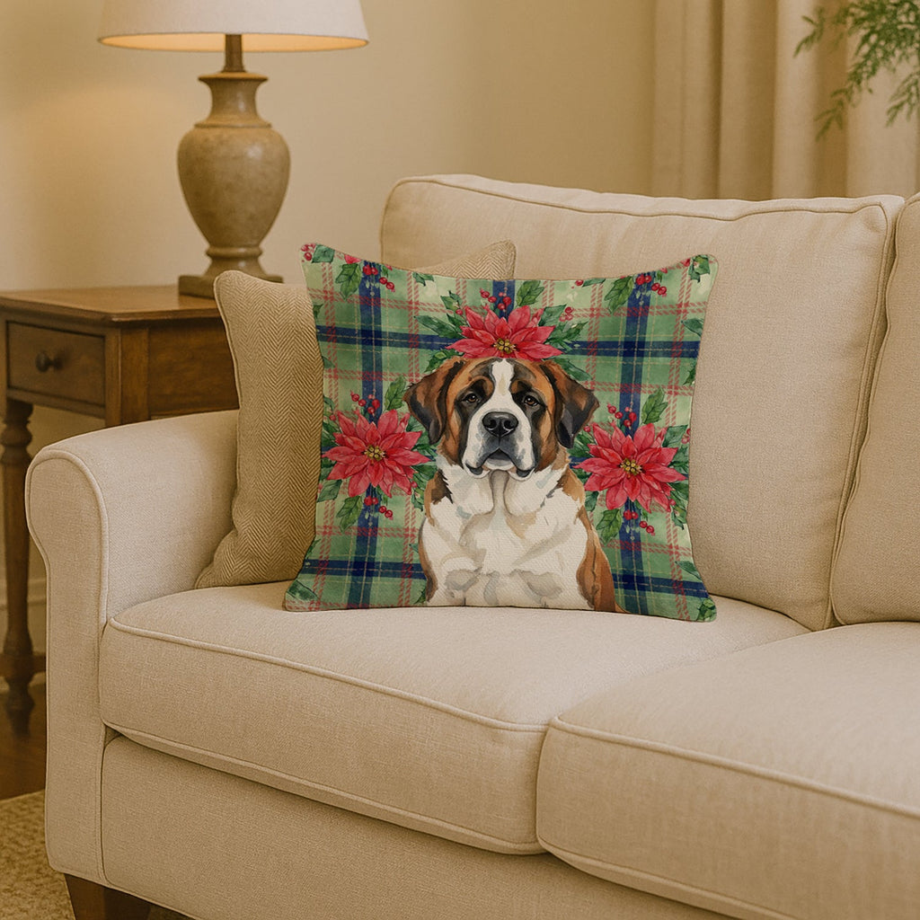 Brindle and White Saint Bernard Christmas PoinsettIas Decorative Throw Pillow 14x14 Indoor Outdoor Accent Cushion, Fabric Cover with Insert for Sofa, Bed, Porch & Living Room
