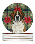 Brindle and White Saint Bernard Christmas PoinsettIas Large Sandstone Coasters Pack of 4 Absorbent Round Coasters Decor Gifts for Men or Women, 4 in, Multicolor
