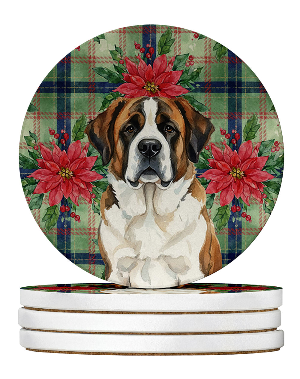 Brindle and White Saint Bernard Christmas PoinsettIas Large Sandstone Coasters Pack of 4 Absorbent Round Coasters Decor Gifts for Men or Women, 4 in, Multicolor