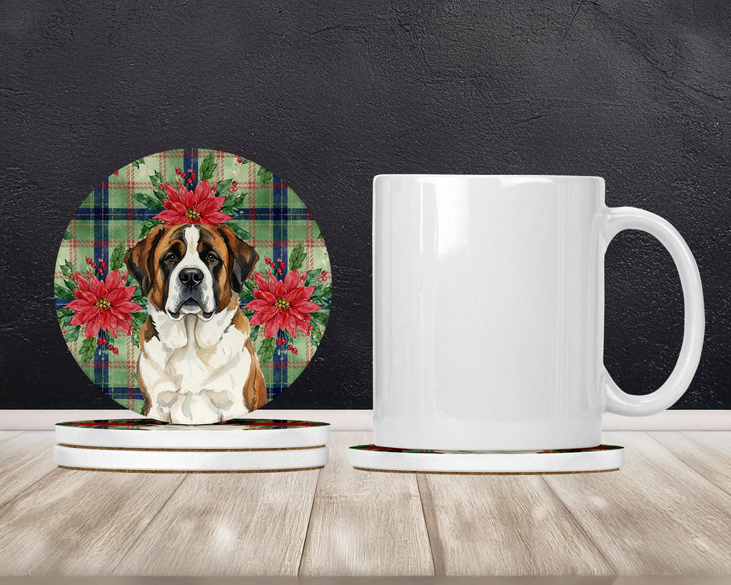 Brindle and White Saint Bernard Christmas PoinsettIas Large Sandstone Coasters Pack of 4 Absorbent Round Coasters Decor Gifts for Men or Women, 4 in, Multicolor