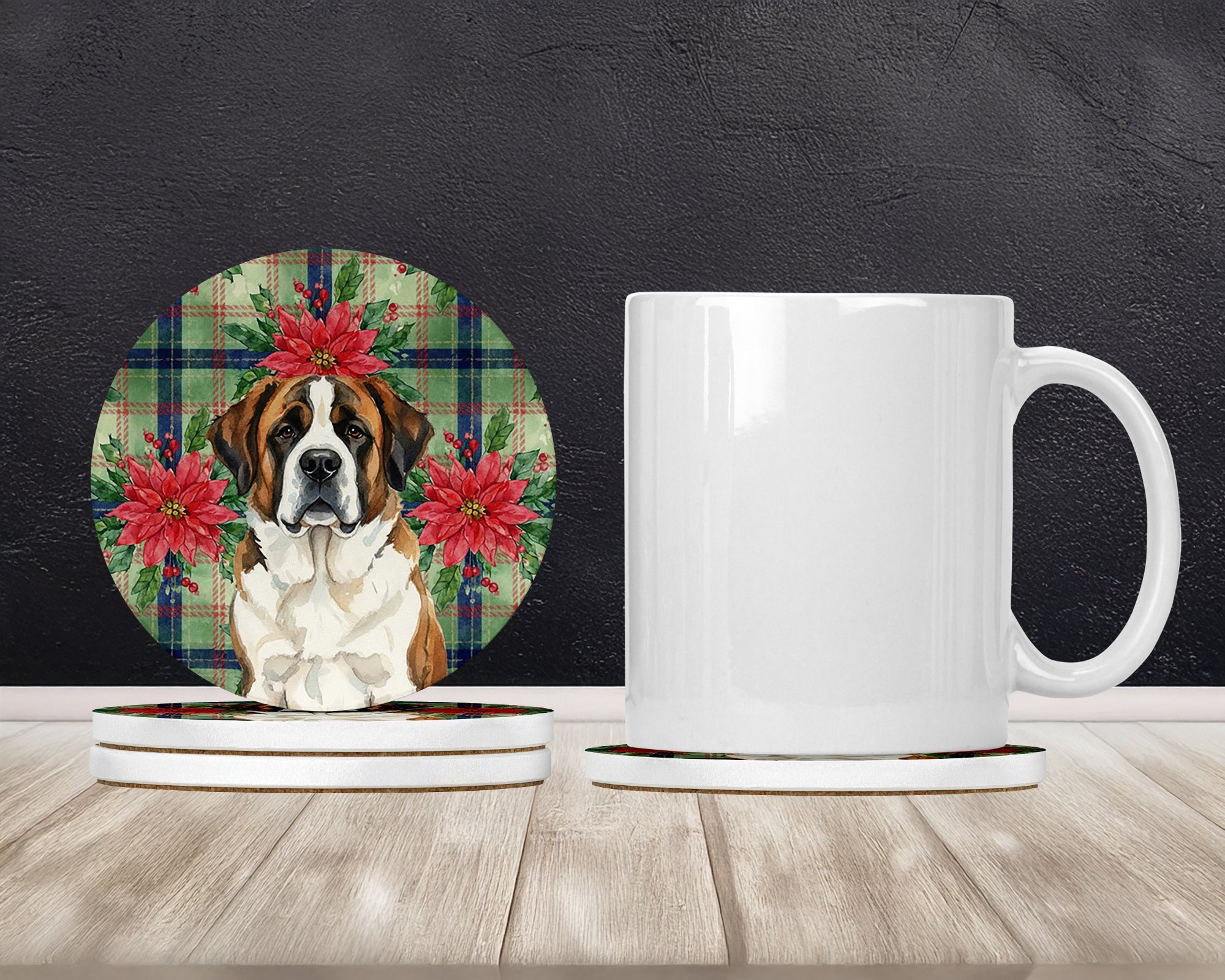 Brindle and White Saint Bernard Christmas PoinsettIas Large Sandstone Coasters Pack of 4 Absorbent Round Coasters Decor Gifts for Men or Women, 4 in, Multicolor