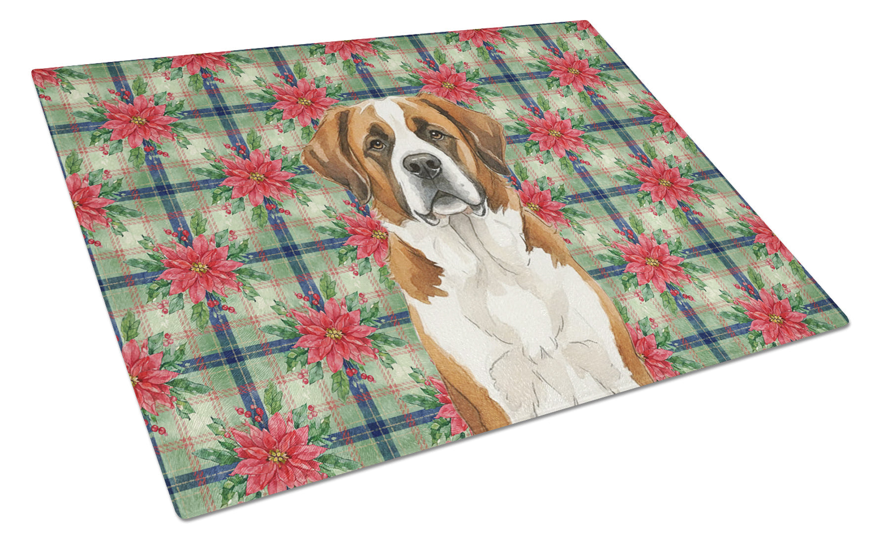 Brown and White Saint Bernard Christmas PoinsettIas Cutting Board Tempered Glass Kitchen Cutting Surface, Heat Resistant Chopping, Non-Slip Feet, Food Prep & Serving