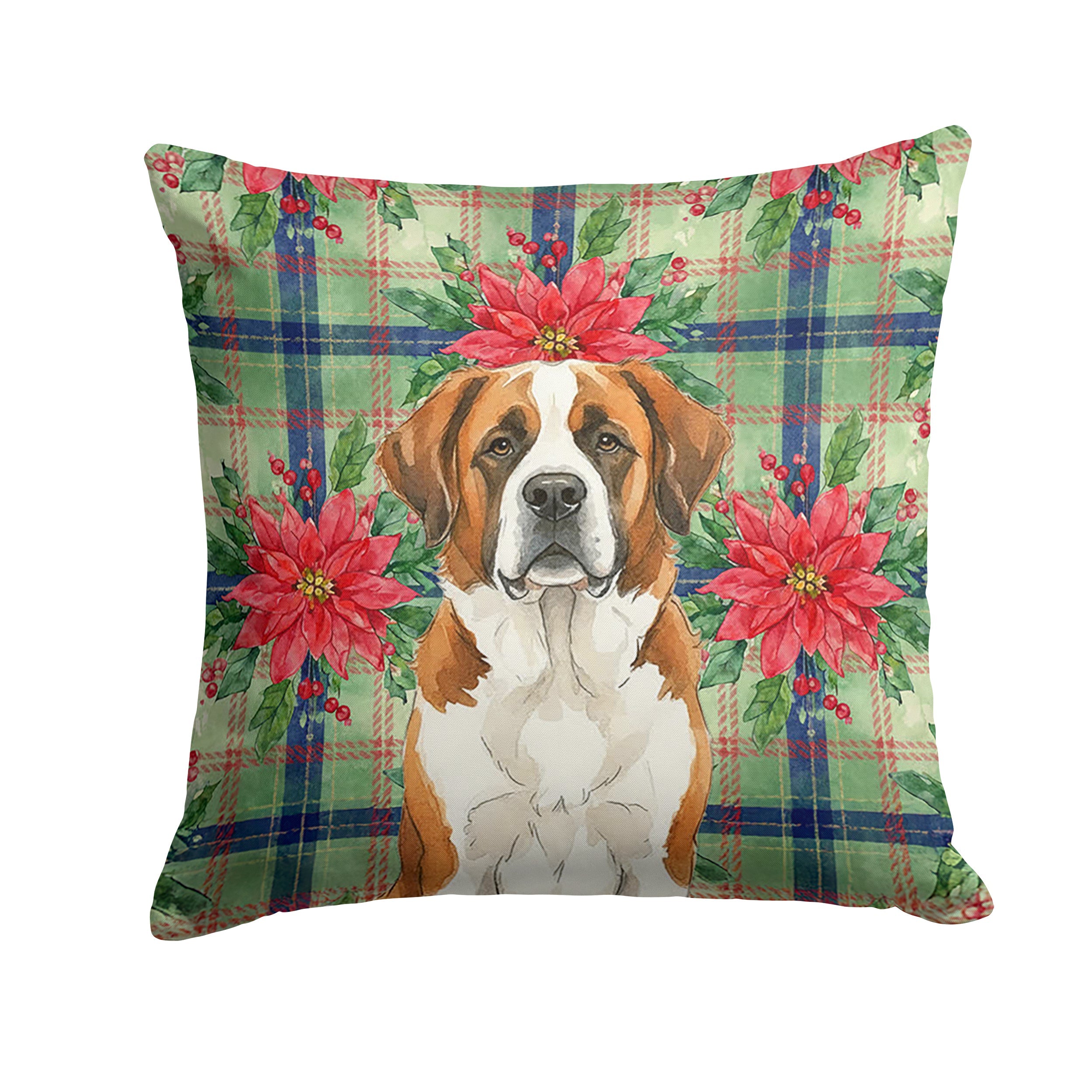 Brown and White Saint Bernard Christmas PoinsettIas Decorative Throw Pillow 18x18 Indoor Outdoor Accent Cushion, Fabric Cover with Insert for Sofa, Bed, Porch & Living Room