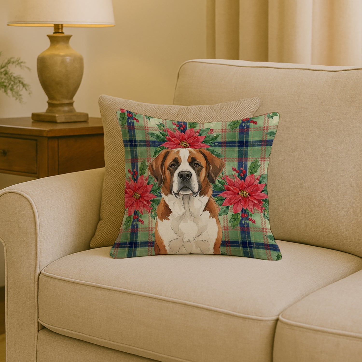 Brown and White Saint Bernard Christmas PoinsettIas Decorative Throw Pillow 18x18 Indoor Outdoor Accent Cushion, Fabric Cover with Insert for Sofa, Bed, Porch & Living Room