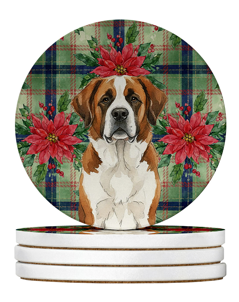 Brown and White Saint Bernard Christmas PoinsettIas Large Sandstone Coasters Pack of 4 Absorbent Round Coasters Decor Gifts for Men or Women, 4 in, Multicolor