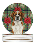 Brown and White Saint Bernard Christmas PoinsettIas Large Sandstone Coasters Pack of 4 Absorbent Round Coasters Decor Gifts for Men or Women, 4 in, Multicolor