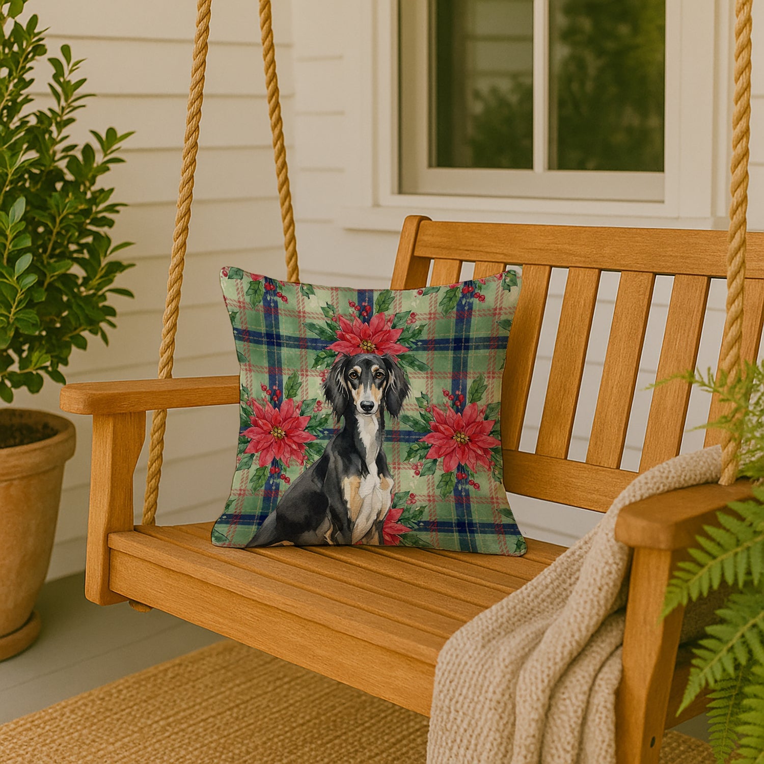 Black and Tan Saluki Christmas PoinsettIas Decorative Throw Pillow 18x18 Indoor Outdoor Accent Cushion, Fabric Cover with Insert for Sofa, Bed, Porch & Living Room