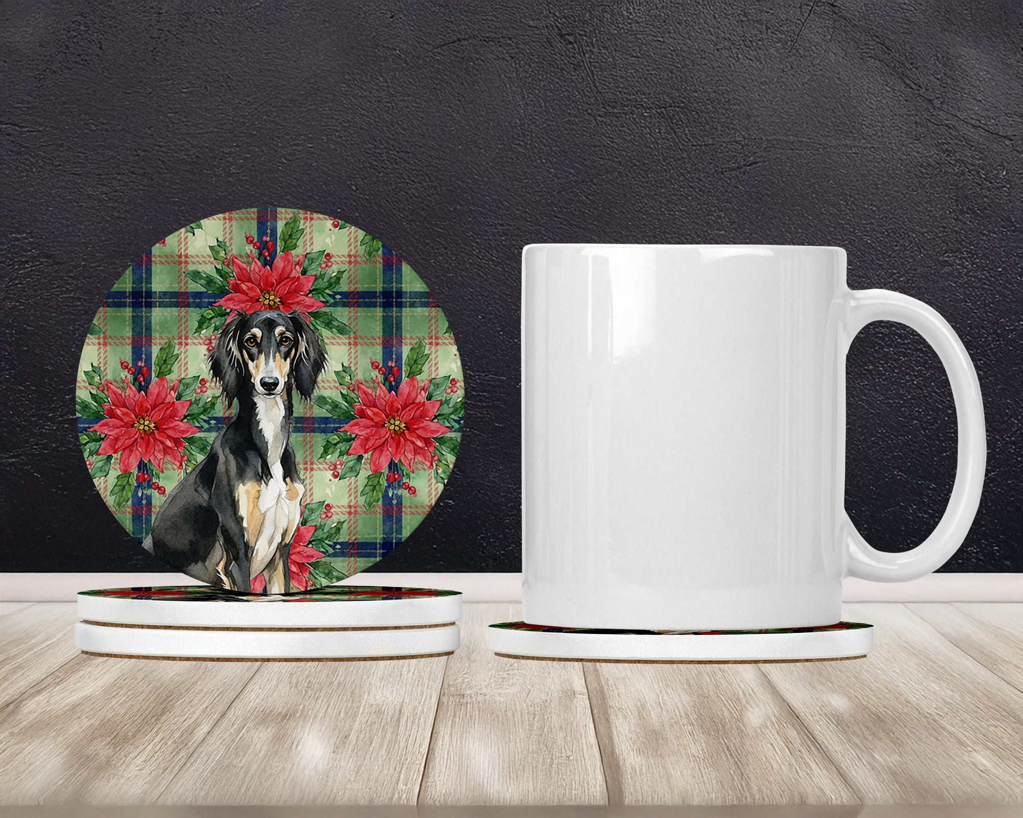 Black and Tan Saluki Christmas PoinsettIas Large Sandstone Coasters Pack of 4 Absorbent Round Coasters Decor Gifts for Men or Women, 4 in, Multicolor