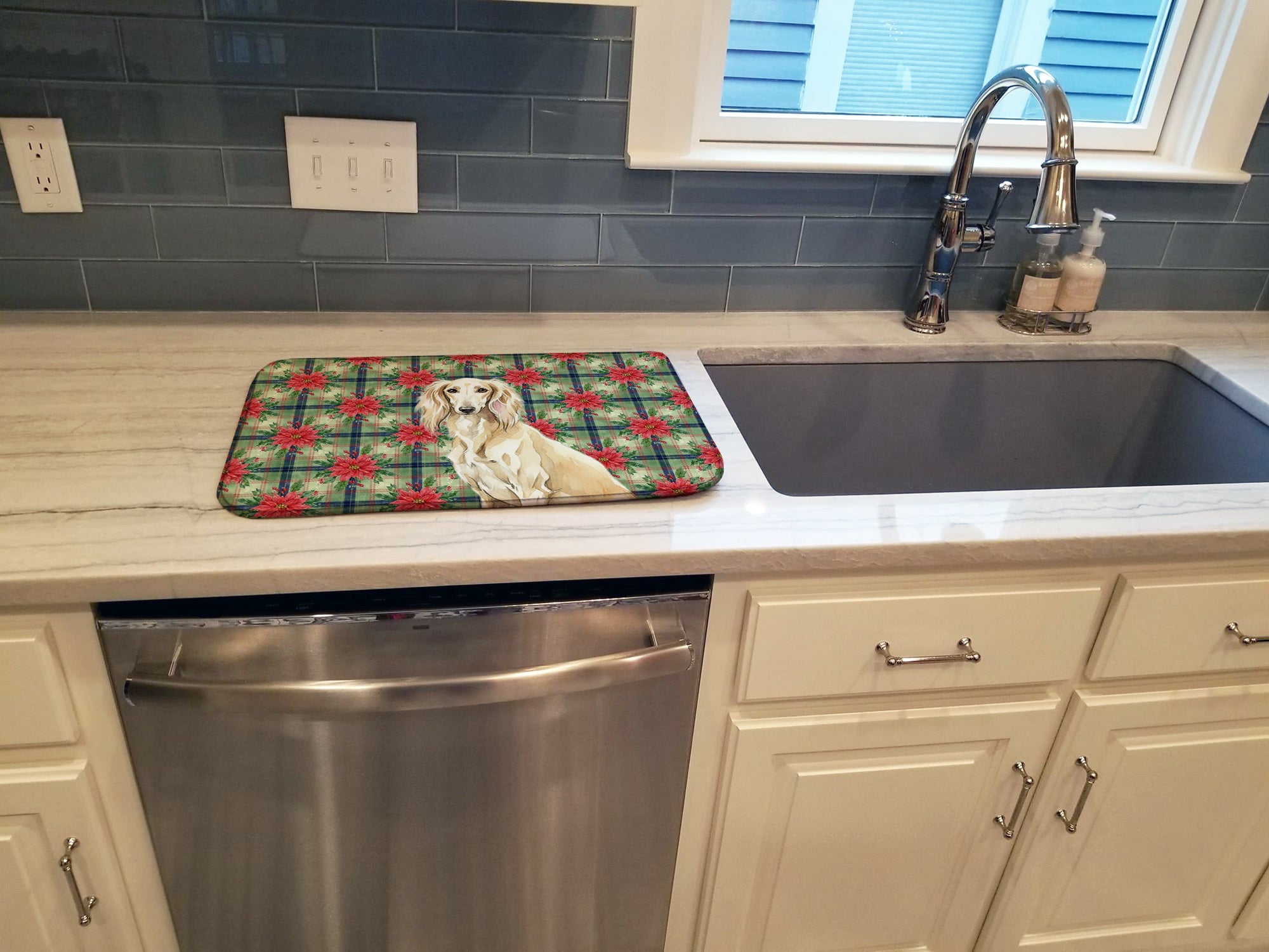 Cream Saluki Christmas PoinsettIas Dish Drying Mat Absorbent Dish Drying Mat Pad for Kitchen Counter Dish Drainer Mat for Countertop, 14 x 21", Multicolor