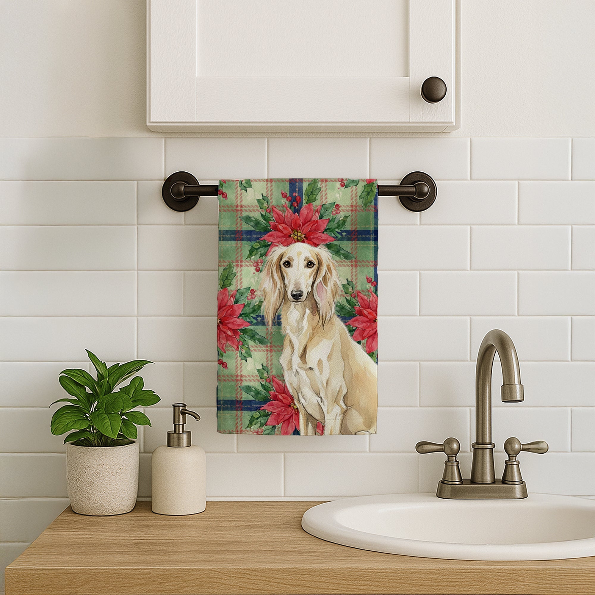 Cream Saluki Christmas PoinsettIas Kitchen Towel Velour Plush Front and Cotton Loop Back Machine Washable