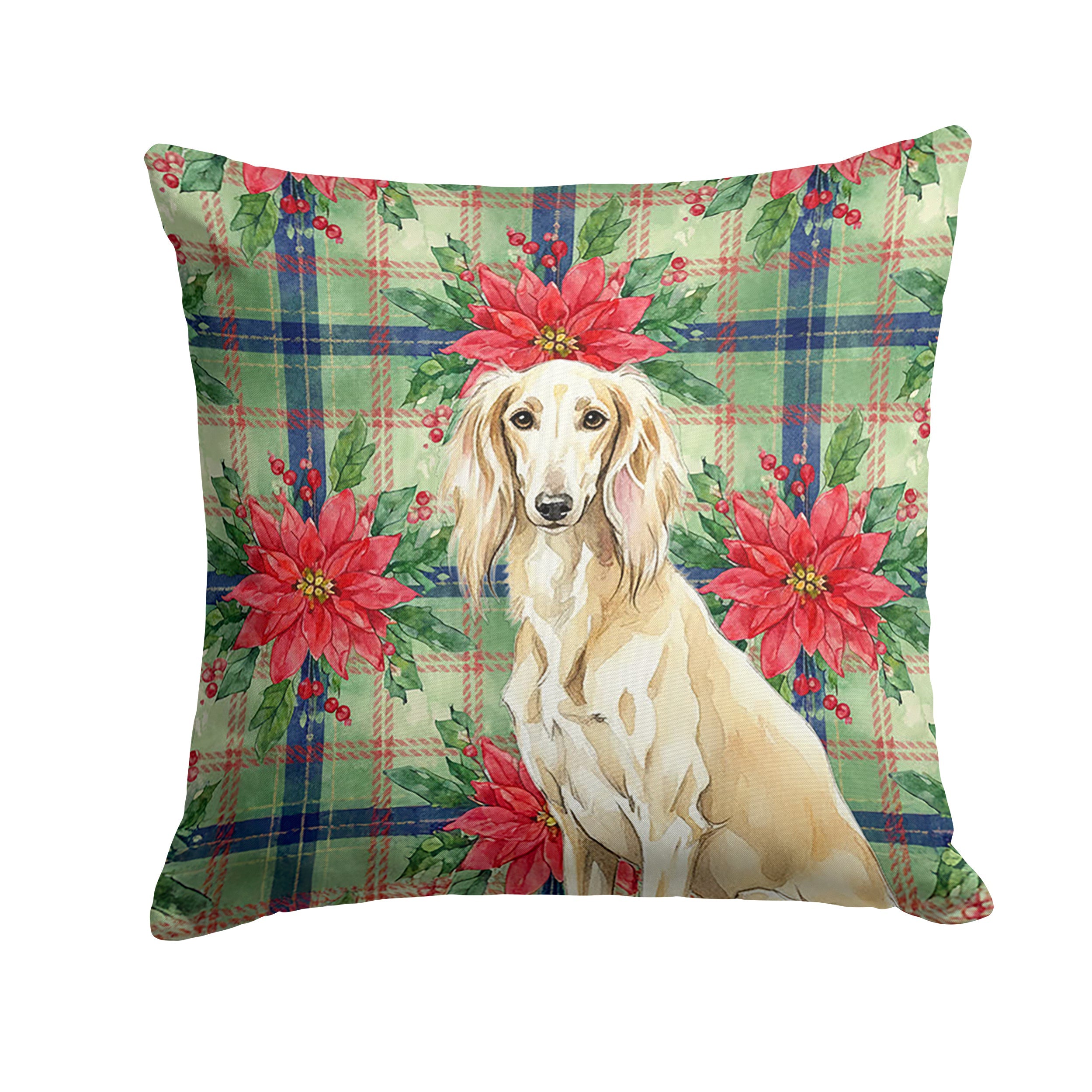 Cream Saluki Christmas PoinsettIas Decorative Throw Pillow 14x14 Indoor Outdoor Accent Cushion, Fabric Cover with Insert for Sofa, Bed, Porch & Living Room