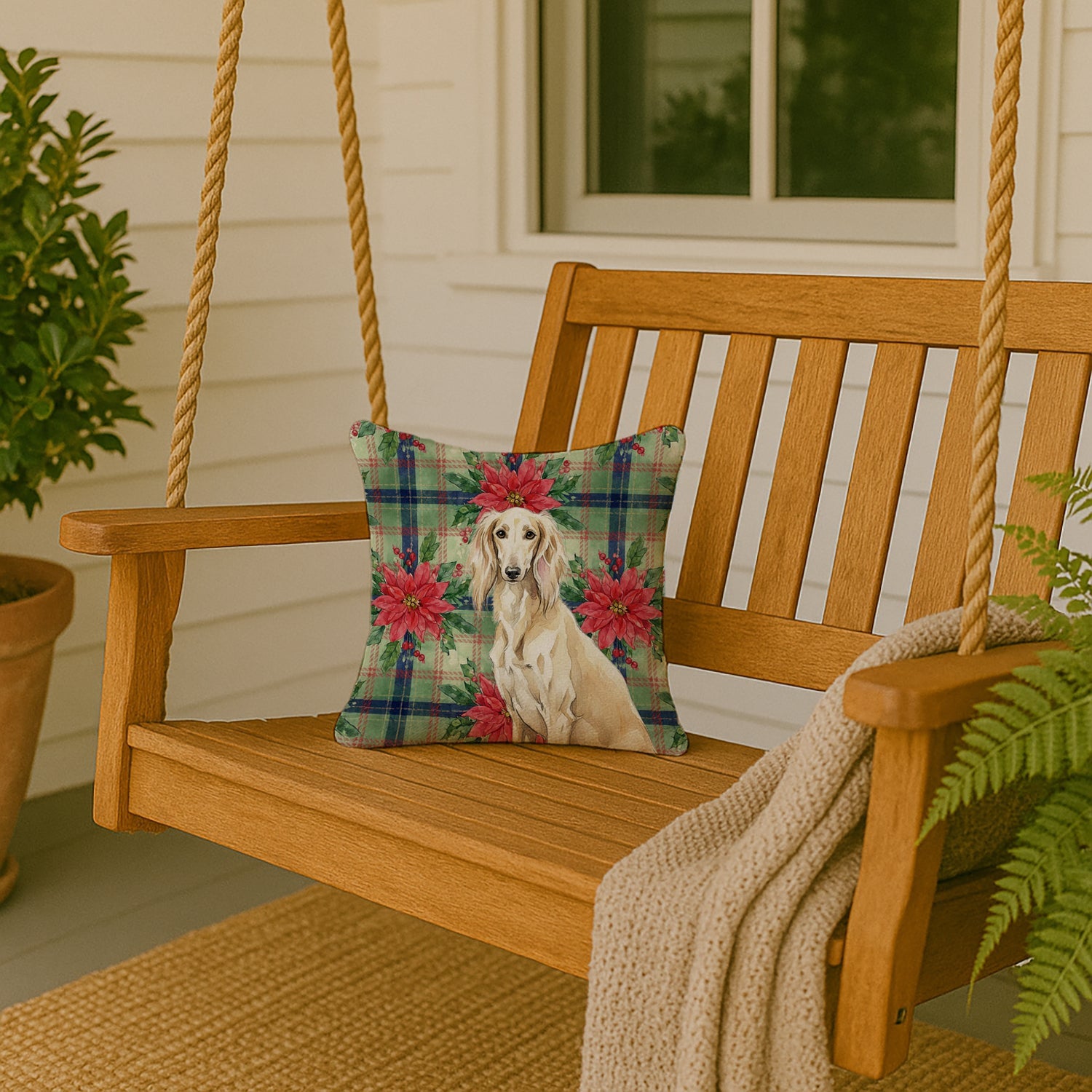 Cream Saluki Christmas PoinsettIas Decorative Throw Pillow 14x14 Indoor Outdoor Accent Cushion, Fabric Cover with Insert for Sofa, Bed, Porch & Living Room