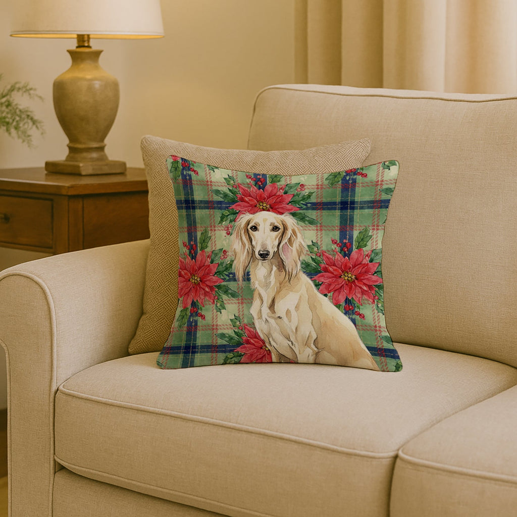 Cream Saluki Christmas PoinsettIas Decorative Throw Pillow 18x18 Indoor Outdoor Accent Cushion, Fabric Cover with Insert for Sofa, Bed, Porch & Living Room